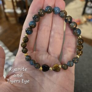 Kyanite And Tigers Eye Handmade Elasticated Bracelet, Perfect For Gifting!